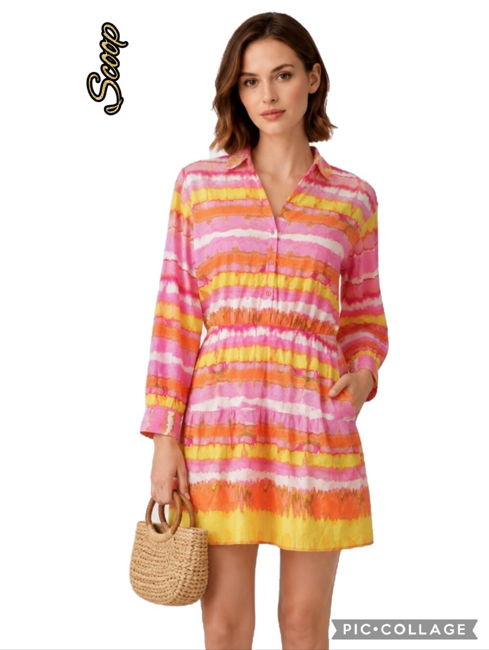 Scoop striped pink & yellow button long sleeve button drop waist shirt dress